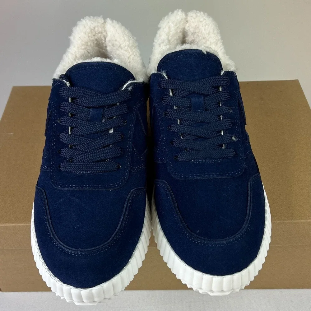 Steve Madden Women Shereen-F Sneakers Navy Suede Fur Leather Lace-Up Shoes Sz 7M